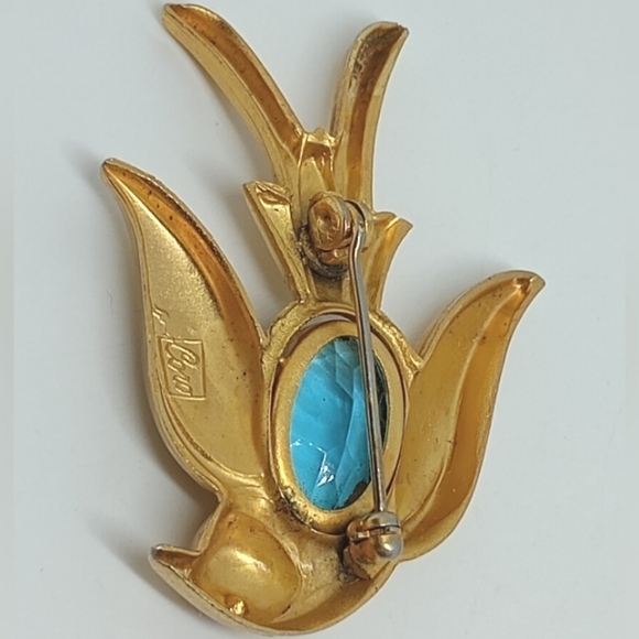 * vintage Coro Pegasus signed blue stone gold tone bird pin brooch - Picture 4 of 7